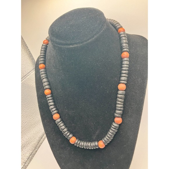 Black and Brown Wood Beaded Stretch Unisex 18 1/8 Inch Necklace! - Picture 3 of 6